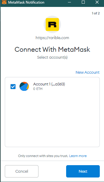Select Account of metamask to connect with Rarible