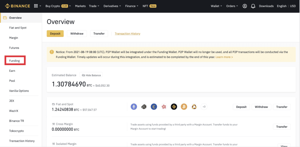 Funds page on Binance 